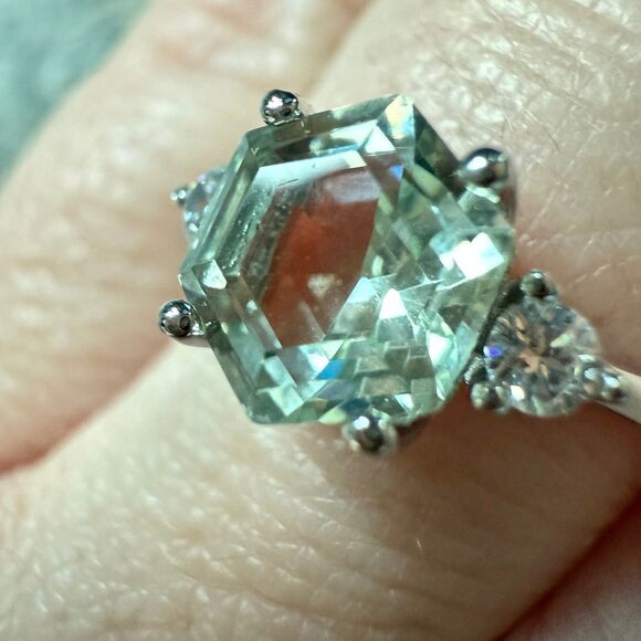 Green Amethyst White Gold Plated Sterling Silver Ring - Picture 4 of 8